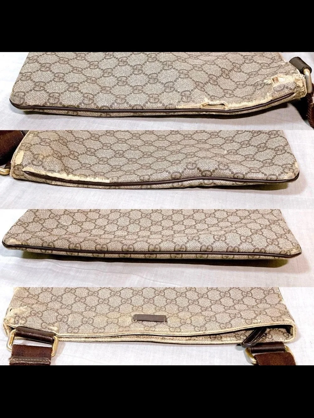 Gucci Beige GG Canvas Crossbody Messenger Bag with Brown Strap